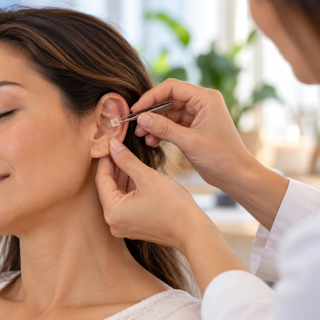 Profissional posicionando uma pequena semente auricular na orelha de uma pessoa
